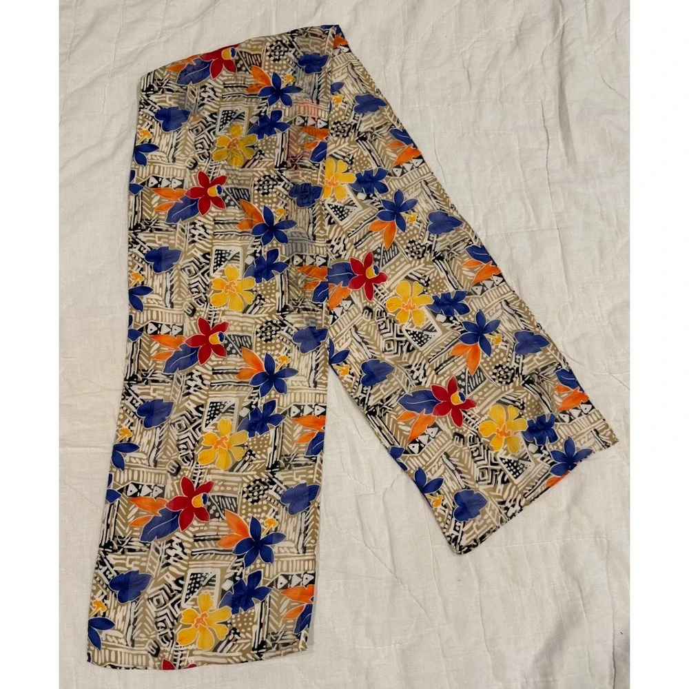 Vintage Tropical Floral Hibiscus Geometric Print‎ Scarf Blue Orange Tan